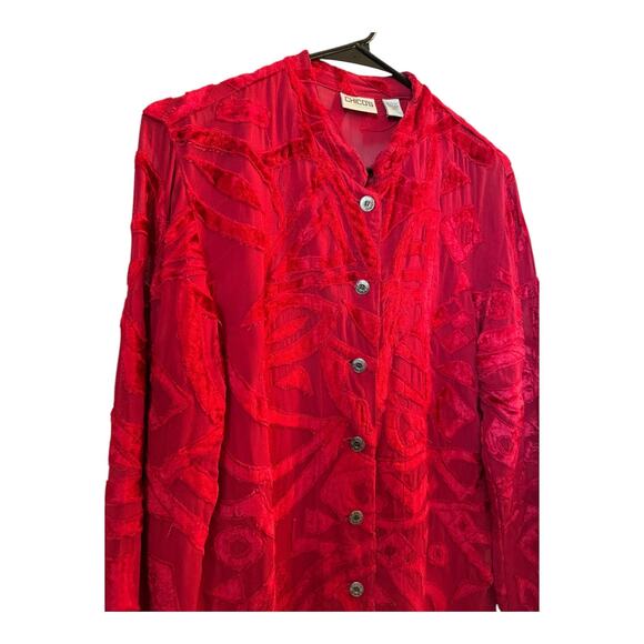 Chico's Velvet Sheer Geometric mandarin collar red blouse top button down size s - Picture 8 of 11